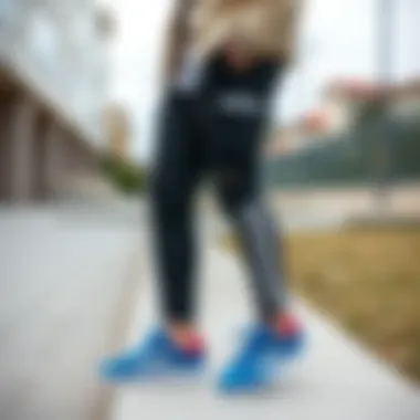 A stylish outfit paired with adidas blue footwear for casual wear.