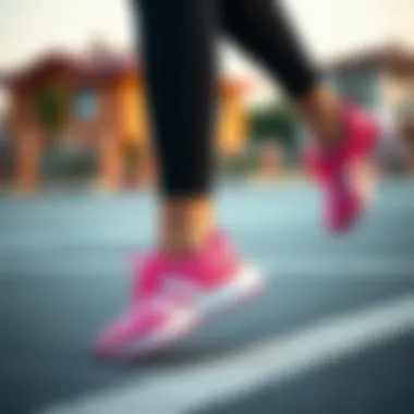 A woman wearing adidas pink shoes during an active lifestyle