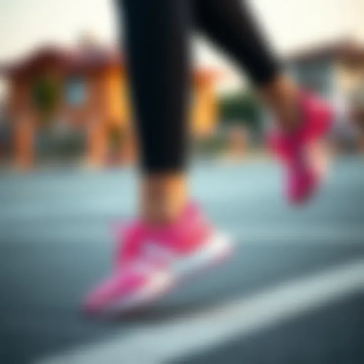 A woman wearing adidas pink shoes during an active lifestyle