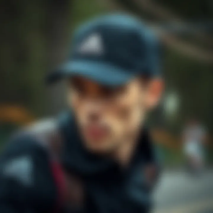 Stylish black cap from Adidas showcased on a model during an outdoor activity