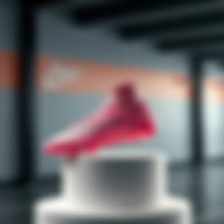 The Air Zoom pink cleat displayed on a pedestal to highlight its aesthetic appeal.