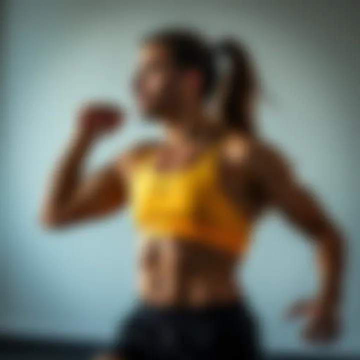 Athlete in sportswear demonstrating a breathing technique during exercise