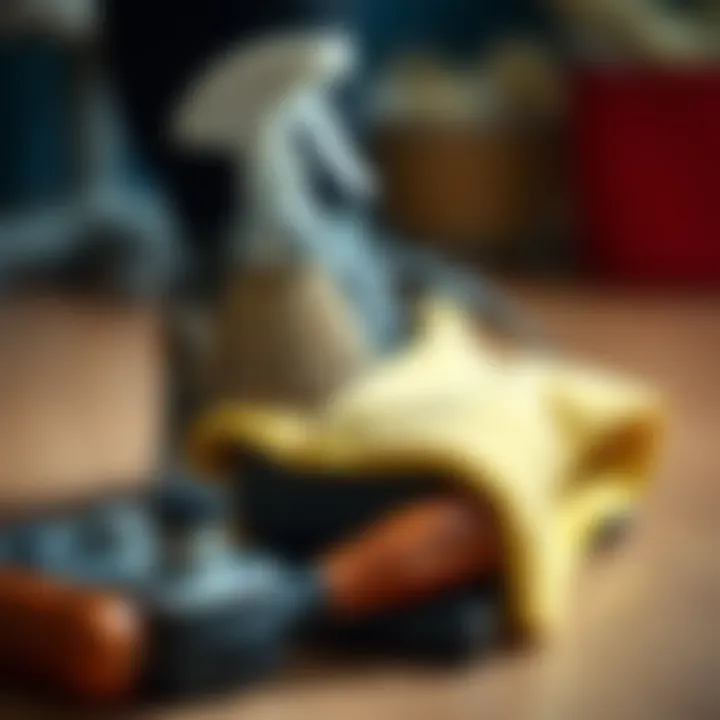 Shoe Cleaning Tools in Action A detailed view of a shoe brush, cloth, and cleaner in use.