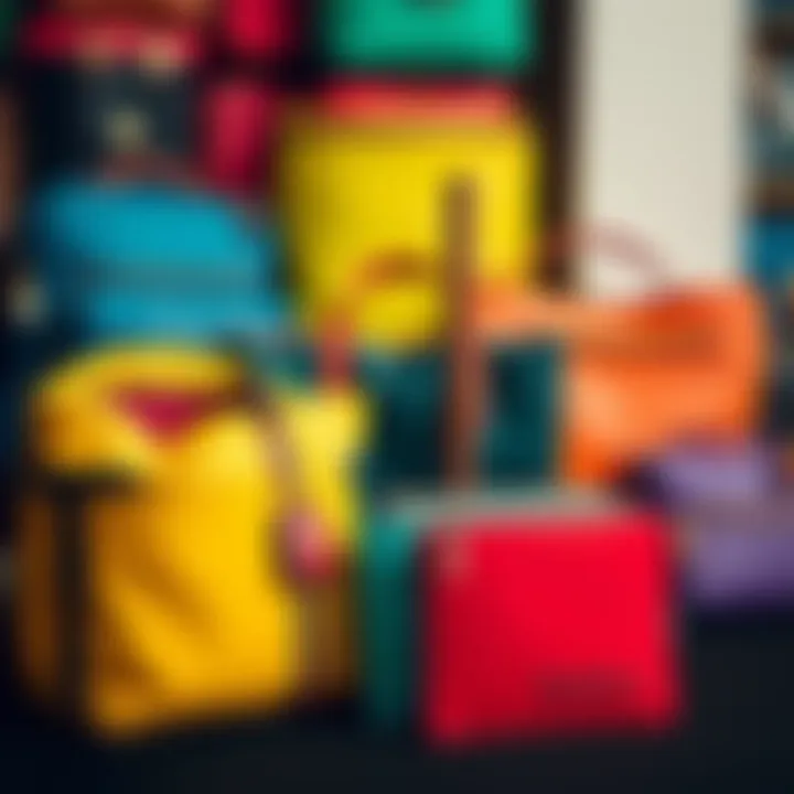 A vibrant collection of Benetton bags and wallets in various colors