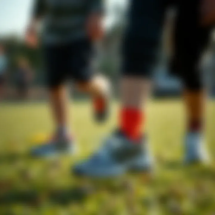 Children wearing specialized sports shoes on a grassy field