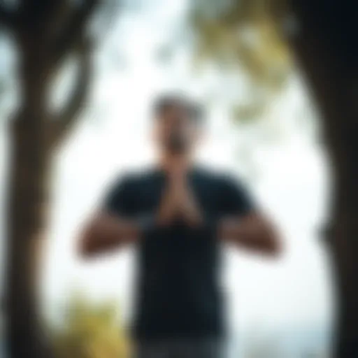 Focused individual practicing deep breathing in a serene environment