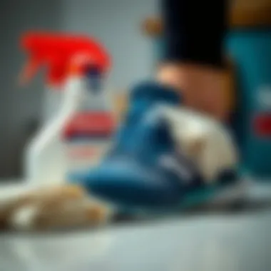 Care and maintenance tips for athletic shoes depicted with cleaning materials