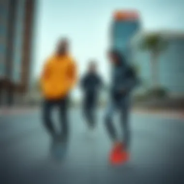 Stylish running outfits paired with appropriate footwear in an urban setting