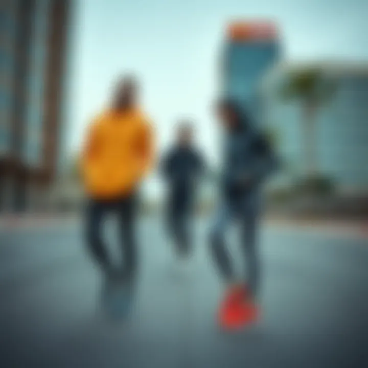 Stylish running outfits paired with appropriate footwear in an urban setting