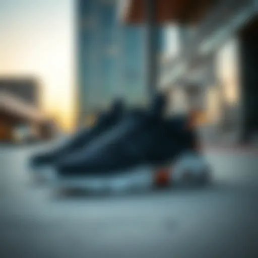 A stylish pair of long sports shoes in a modern urban setting.