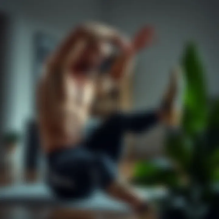 An individual practicing stretching techniques in a home setting