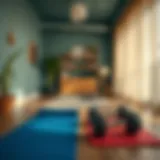 A serene home workout space with exercise mats and dumbbells