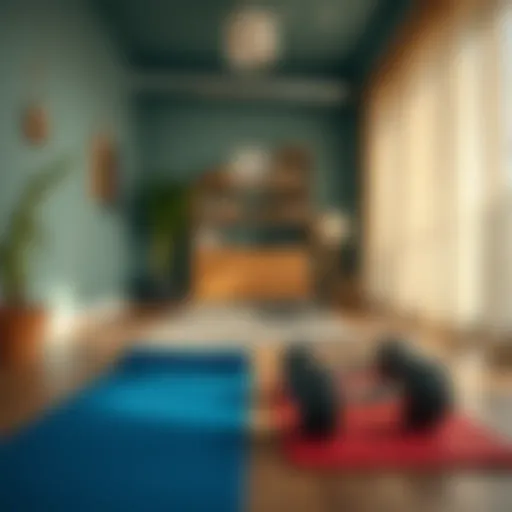 A serene home workout space with exercise mats and dumbbells