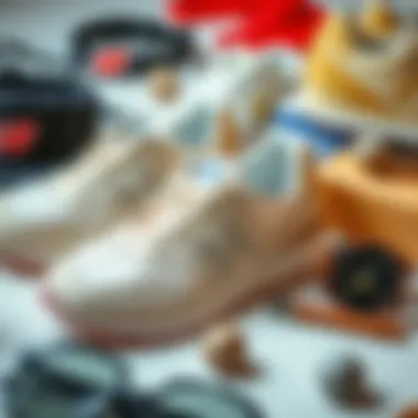 Complementing Accessories for New Balance Cream Shoes An array of cream New Balance shoes displayed with other fashion accessories.