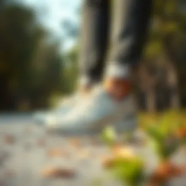 Casual Stroll in Nature with New Balance Cream Shoes A serene outdoor scene featuring someone enjoying a casual stroll in New Balance cream shoes.