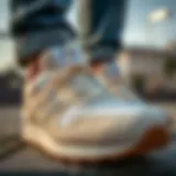 Elegant Design of New Balance Cream Shoes A close-up view of the stylish cream New Balance shoes showcasing their texture and design.