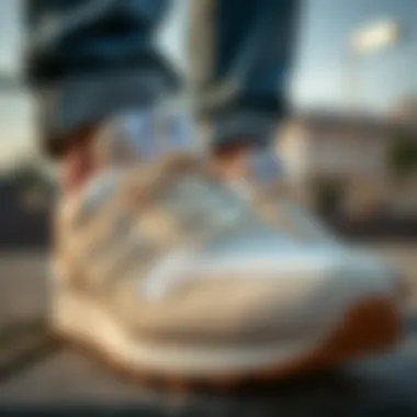 Elegant Design of New Balance Cream Shoes A close-up view of the stylish cream New Balance shoes showcasing their texture and design.