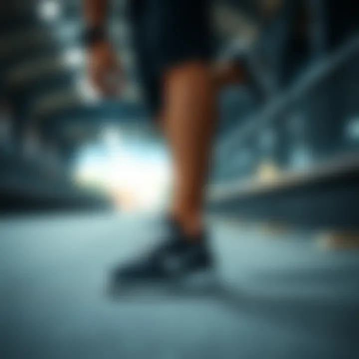 Dynamic action shot of someone wearing Nike black sneakers while exercising