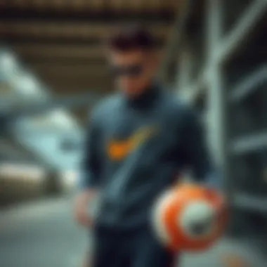 A stylish athlete wearing Nike gear, featuring a Nike ball in an urban setting