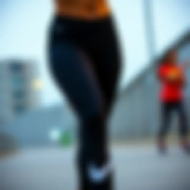 Person engaging in athletic activity wearing Nike Swoosh leggings, highlighting performance