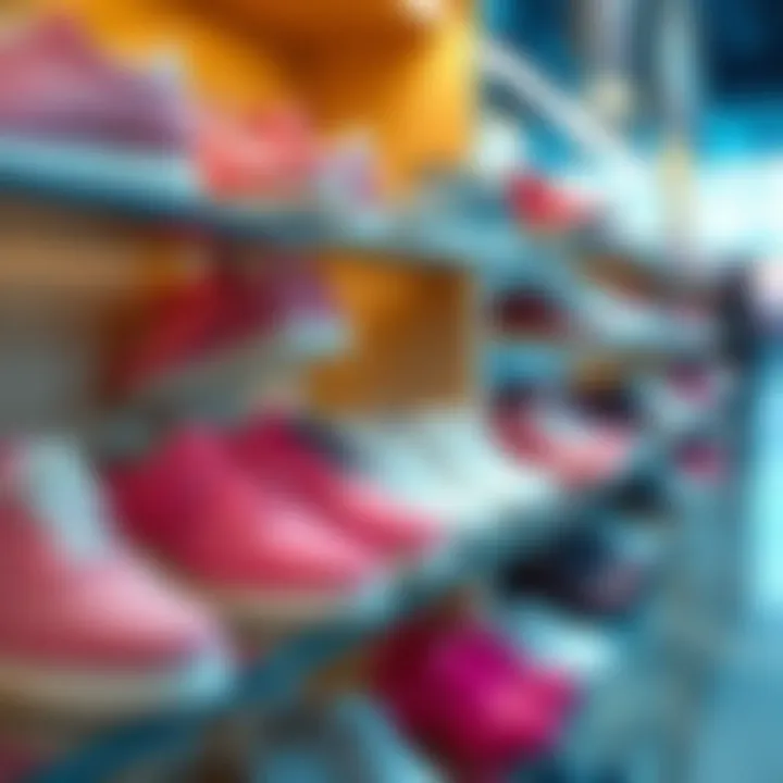 Different styles of pink blazer shoes displayed on a shelf