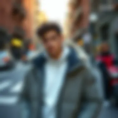 A fashionable combination of a polar jacket with casual attire in an urban environment