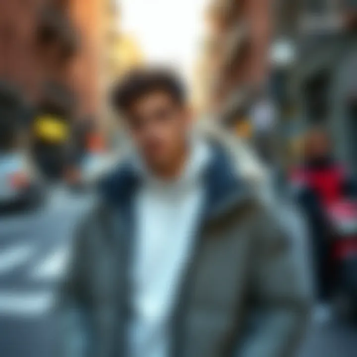 A fashionable combination of a polar jacket with casual attire in an urban environment