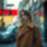 Stylish end-of-season coat in urban setting.