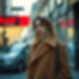 Stylish end-of-season coat in urban setting.