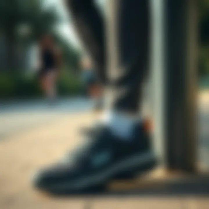 A stylish individual wearing Skechers shoes during daily activities