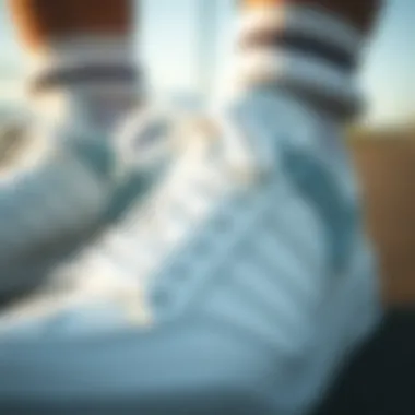 Close-up of white sneakers showcasing design details