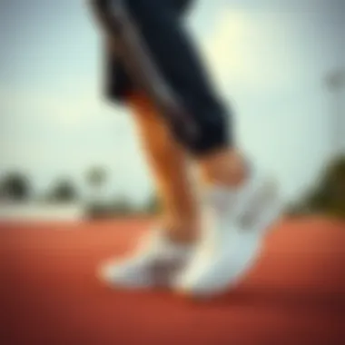 A dynamic scene featuring a person in action wearing white sports shoes