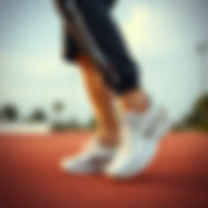 A dynamic scene featuring a person in action wearing white sports shoes