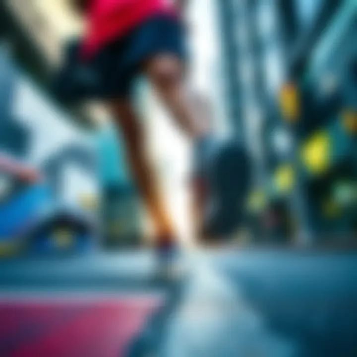 A vibrant running scene featuring Under Armour Charged footwear on a city street