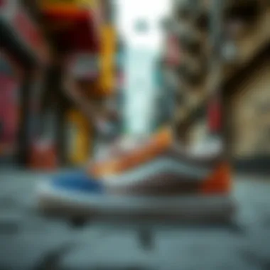Dynamic Urban Style with Vans Sneakers Vibrant Vans multicolored sneakers displayed in a dynamic urban setting.