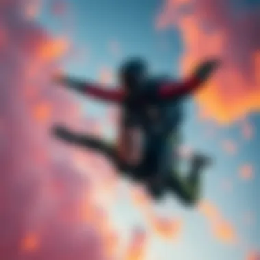 A professional skydiver in freefall against a vibrant sky.